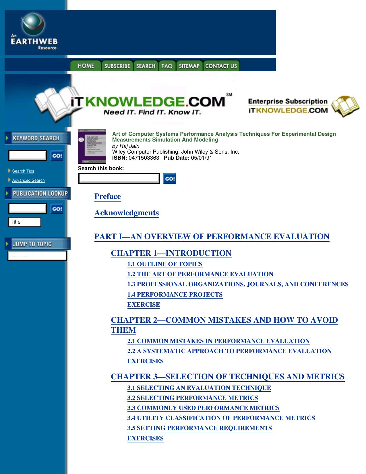 The Art of Computer Systems Performance Analysis: Techniques for Experimental Design, Measurement, Simulation, and Modeling:Table of Contents by Art of Computer Systems Performance Analysis Techniq