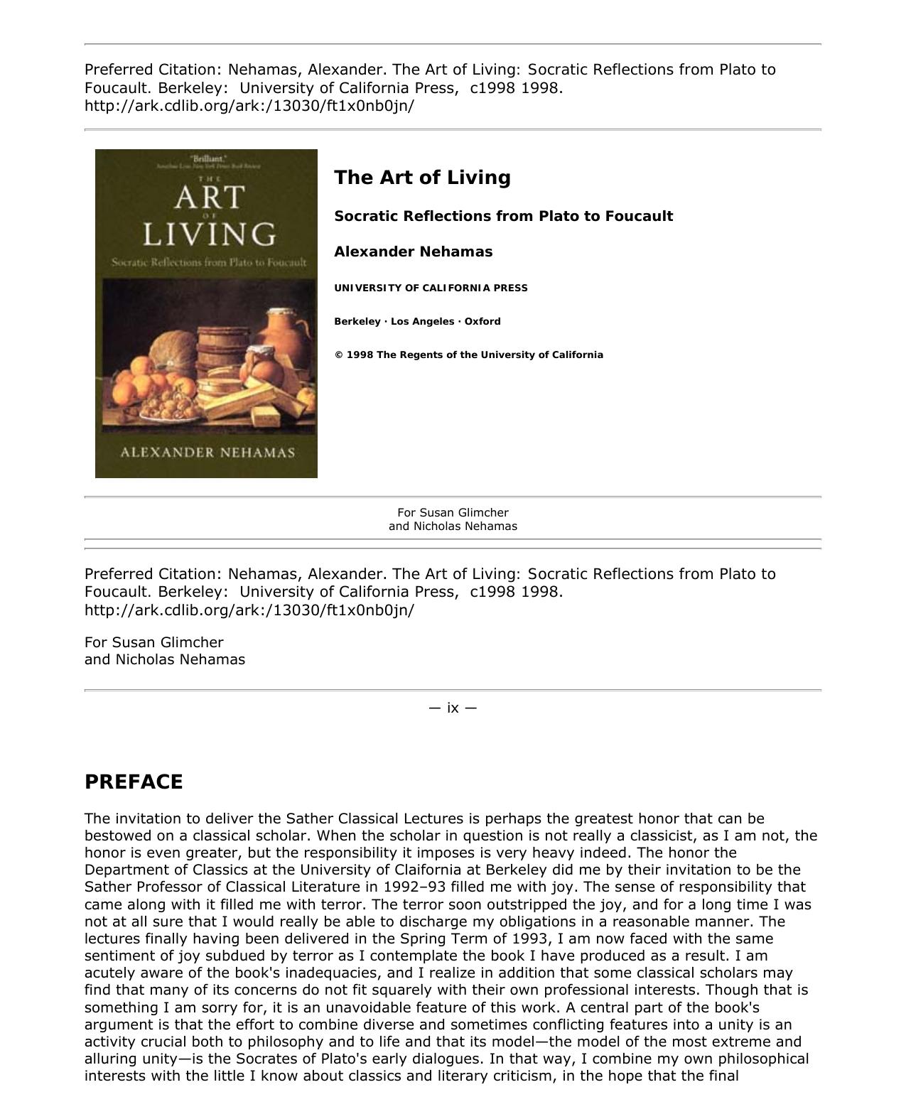 The Art of Living: Socratic Reflections from Plato to Foucault by Alexander Nehamas