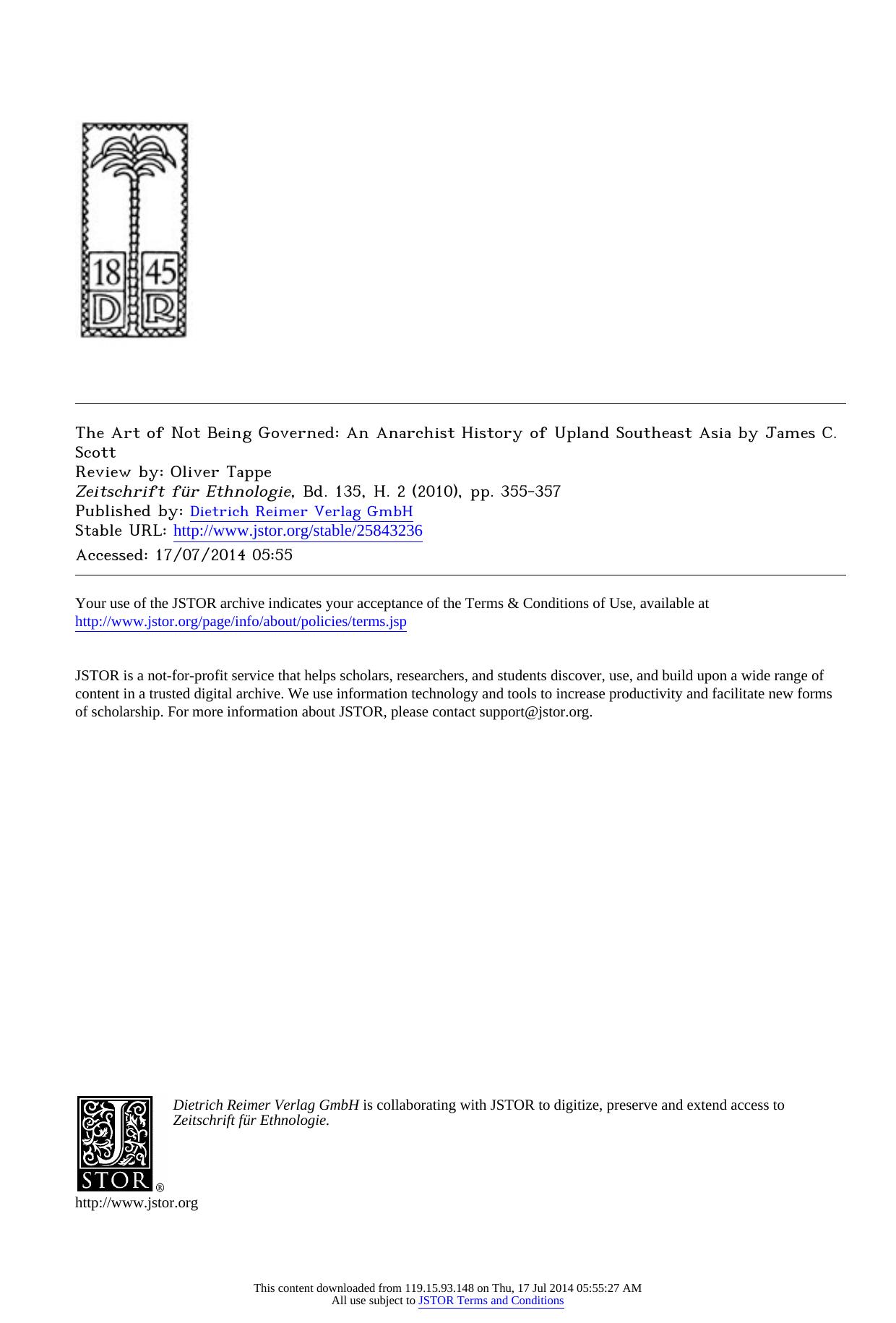 The Art of Not Being Governed: An Anarchist History of Upland Southeast Asia by James C. Scott by The Art of Not Being Governed An Anarchist History of Upland Southeast Asia by James C.Scott