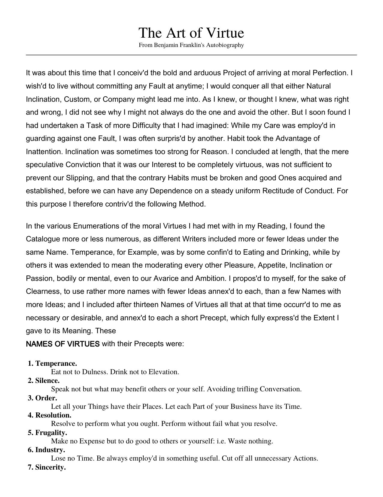 The Art of VirtueFrom Benjamin Franklin's Autobiography by RSD Rockwood School District