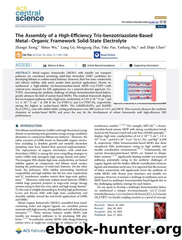 The Assembly of a High-Efficiency Tris-benzotriazolate-Based MetalâOrganic Framework Solid-State Electrolyte by Zhangyi Xiong & Shitao Wu & Liang Gu & Mengyang Zhai & Yuke Pan & Yanhang Ma & Zhijie Chen