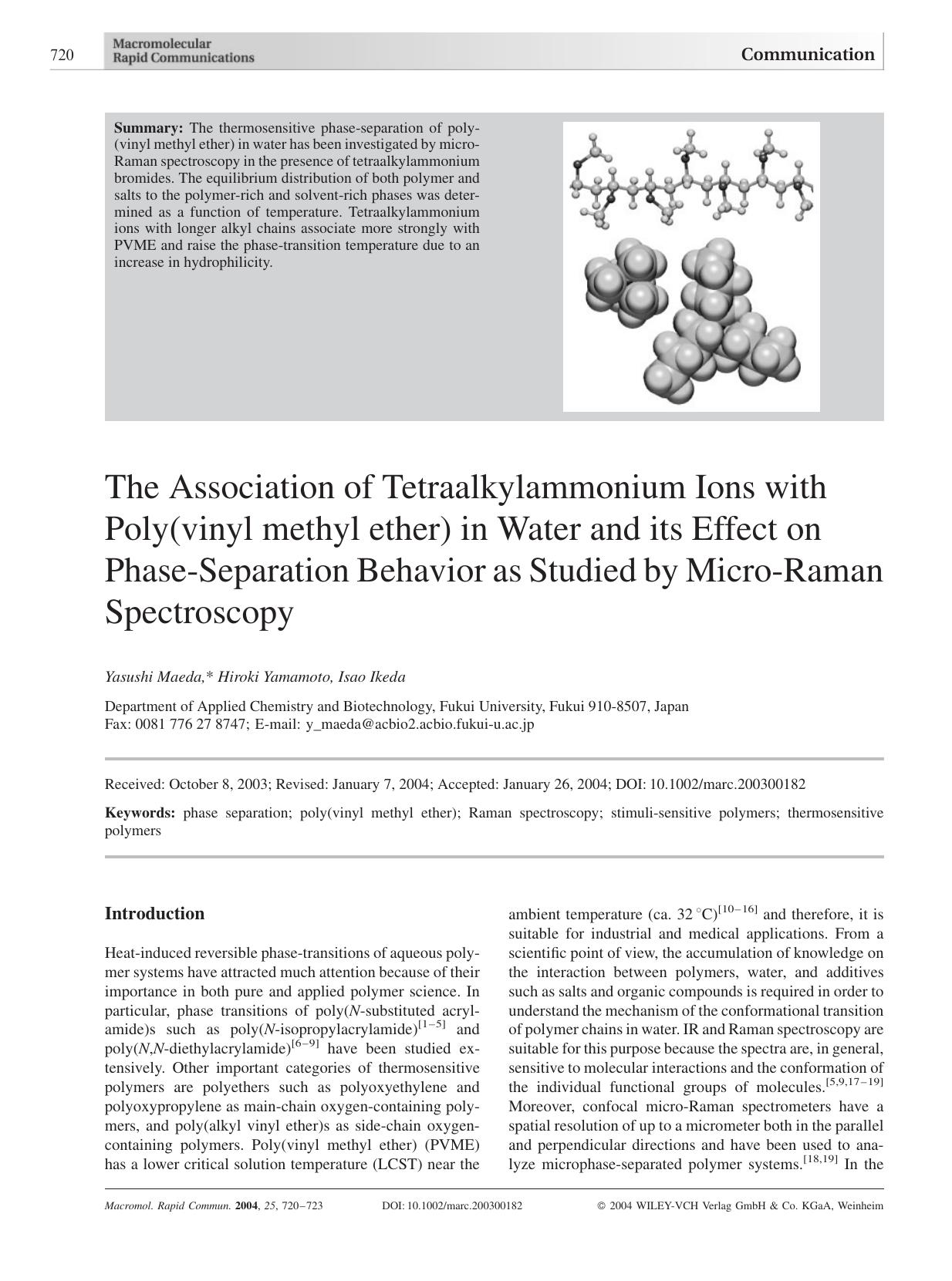The Association of Tetraalkylammonium Ions with Poly(vinyl methyl ether) in Water and its Effect on Phase-Separation Behavior as Studied by Micro-Raman Spectroscopy by Unknown