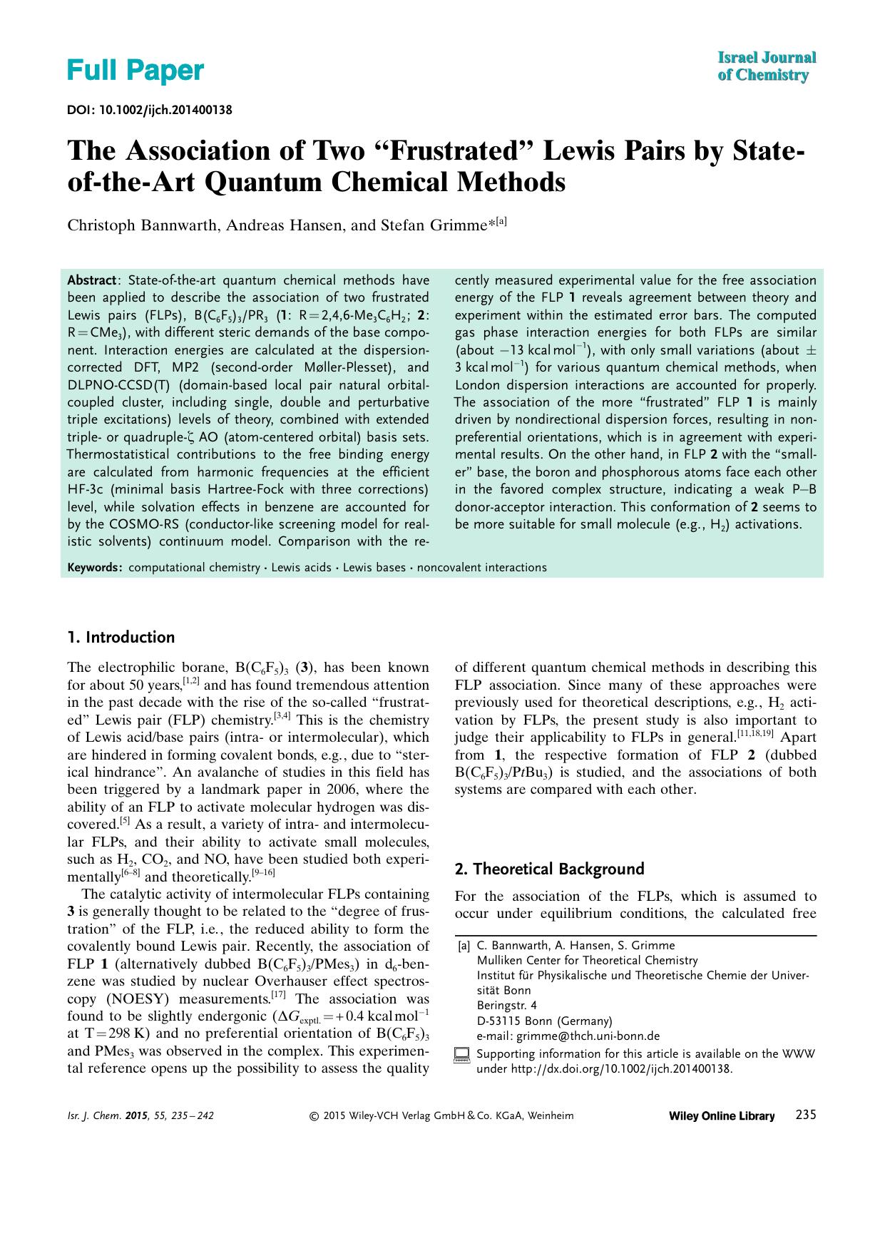 The Association of Two Frustrated Lewis Pairs by StateoftheArt Quantum Chemical Methods by Unknown
