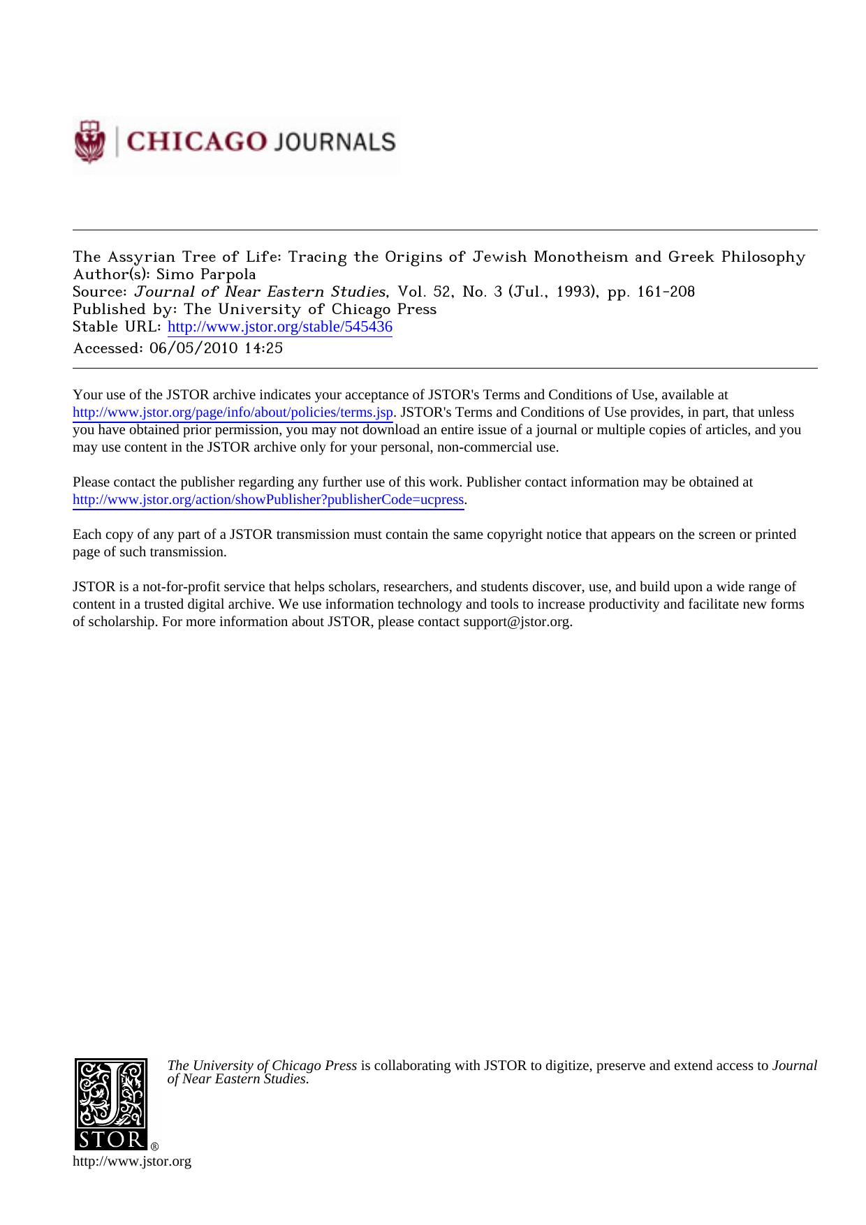 The Assyrian Tree of Life: Tracing the Origins of Jewish Monotheism and Greek Philosophy by Simo Parpola