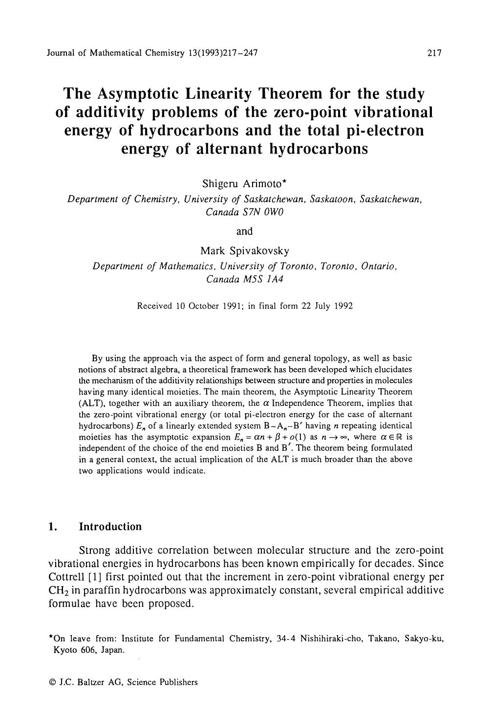 The Asymptotic Linearity Theorem for the study of additivity problems of the zero-point vibrational energy of hydrocarbons and the total pi-electron energy of alternant hydrocarbons by Unknown