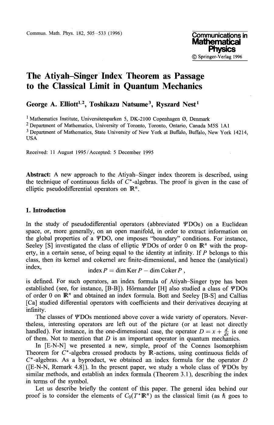 The Atiyah-Singer index theorem as passage to the classical limit in quantum mechanics by Unknown
