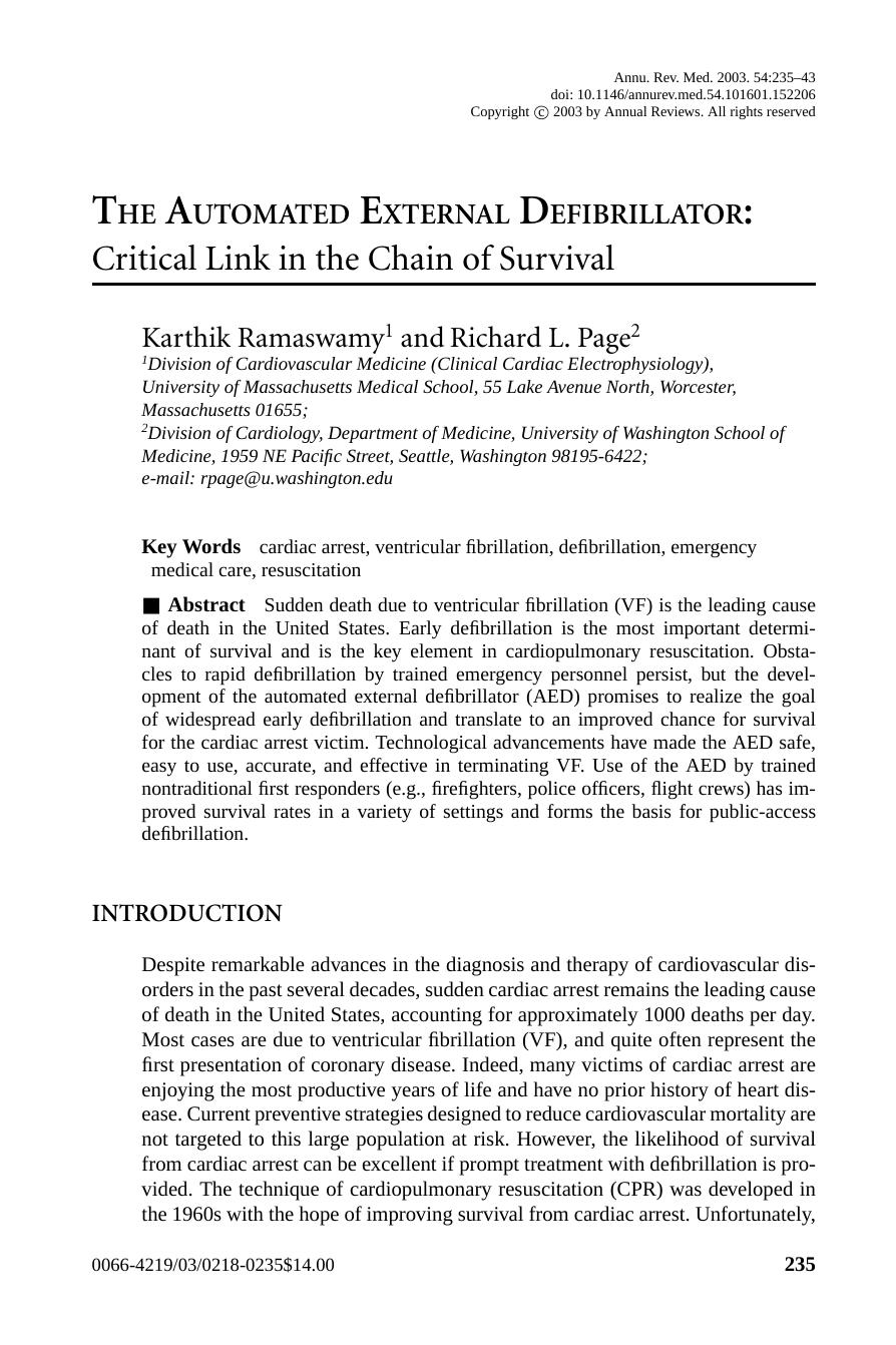 The Automated External Defibrillator: Critical Link in the Chain of Survival by Karthik Ramaswamy 1 and Richard L. Page 2