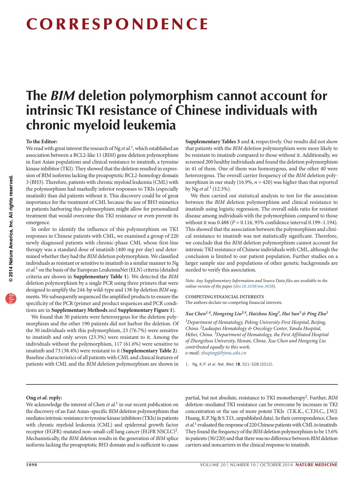 The BIM deletion polymorphism cannot account for intrinsic TKI resistance of Chinese individuals with chronic myeloid leukemia by Xue Chen & Hongxing Liu & Haizhou Xing & Hui Sun & Ping Zhu