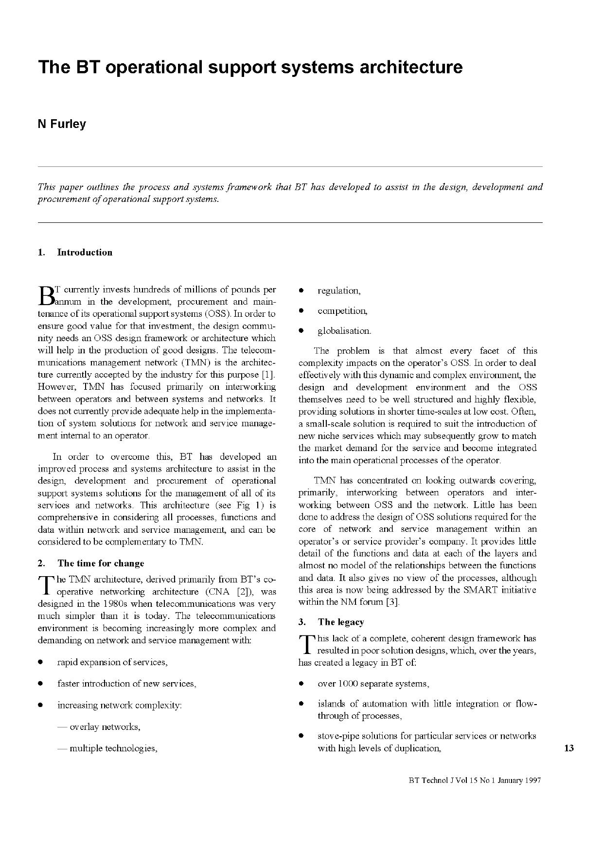 The BT operational support systems architecture by Unknown