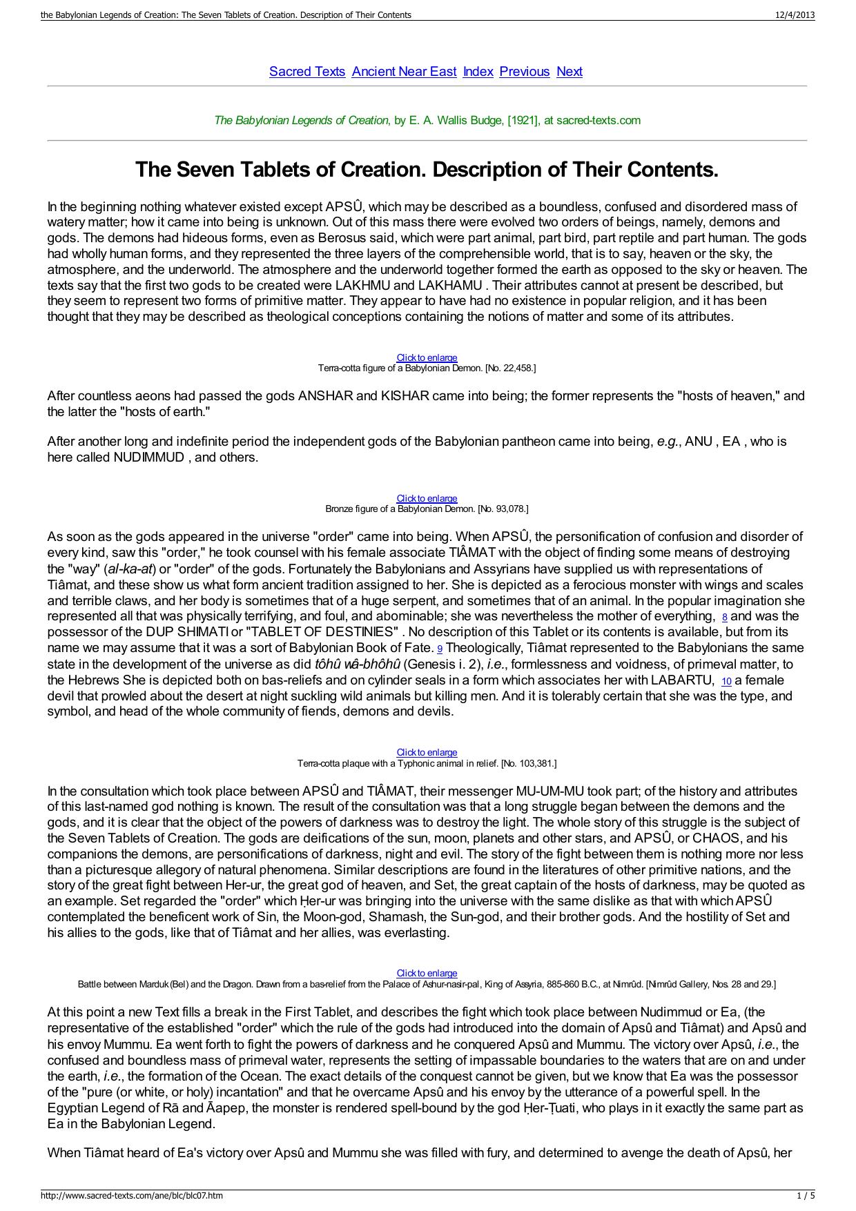 The Babylonian Legends Of Creation by Unknown