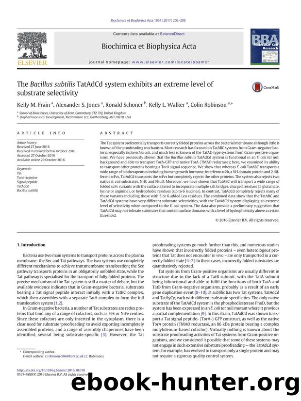 The Bacillus subtilis TatAdCd system exhibits an extreme level of substrate selectivity by Kelly M. Frain & Alexander S. Jones & Ronald Schoner & Kelly L. Walker & Colin Robinson