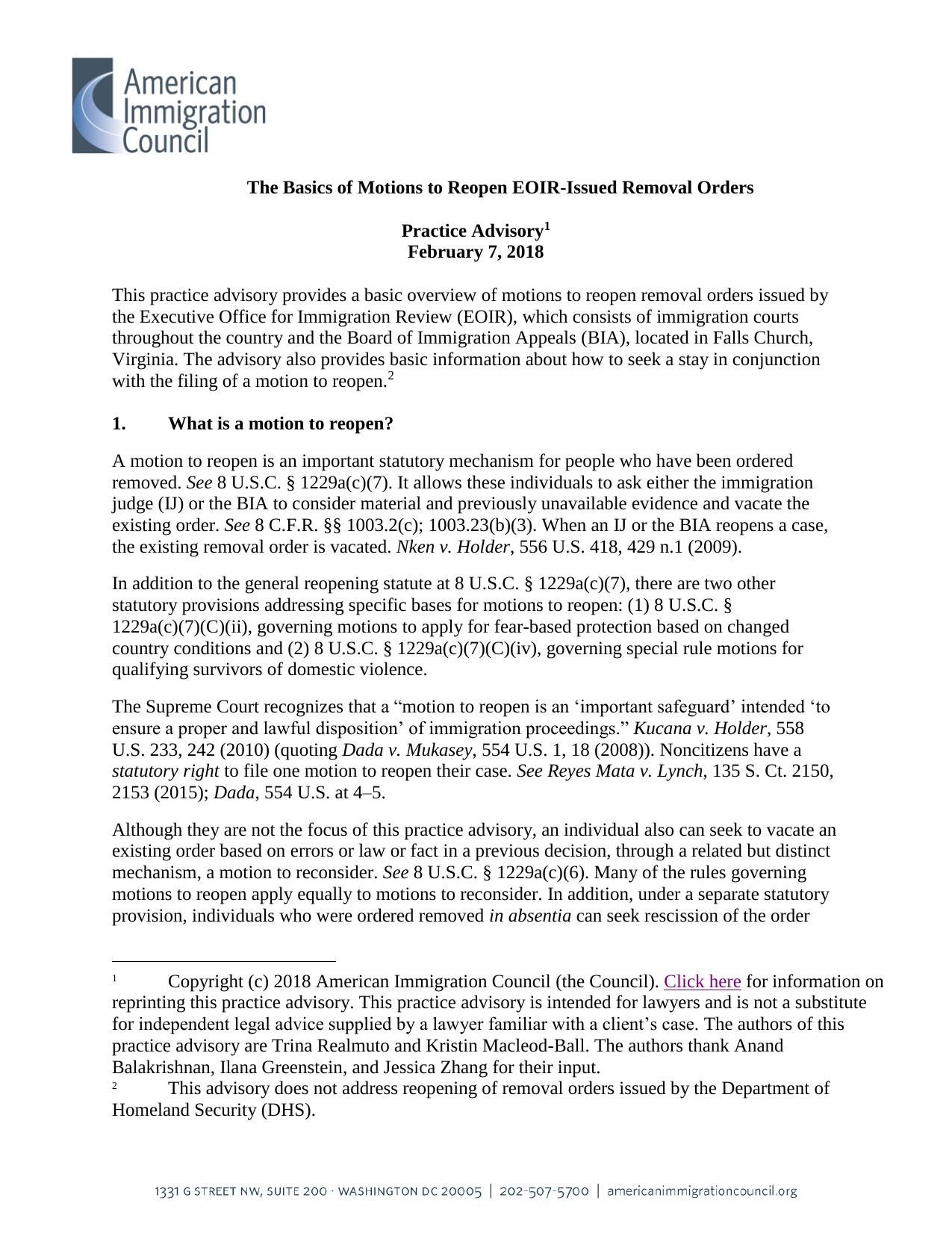 The Basics of Motions to Reopen EOIR-Issued Removal Orders by Trina Realmuto Kristin Macleod-Ball