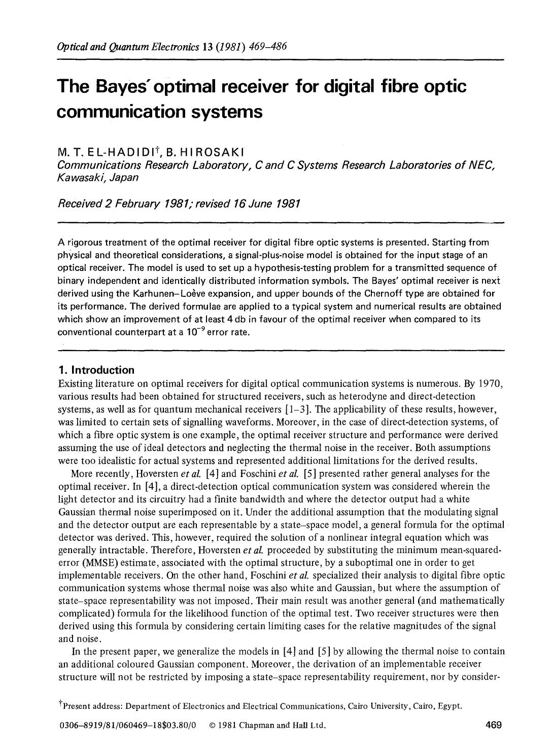 The Bayes' optimal receiver for digital fibre optic communication systems by Unknown