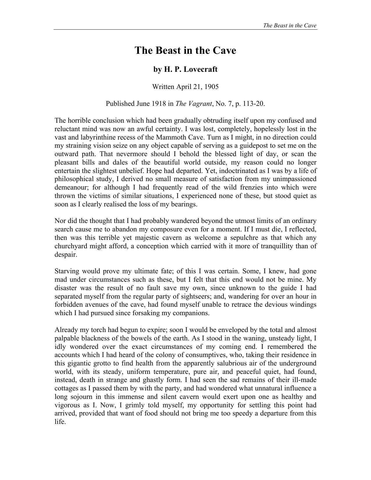 The Beast in the Cave by H. P. Lovecraft