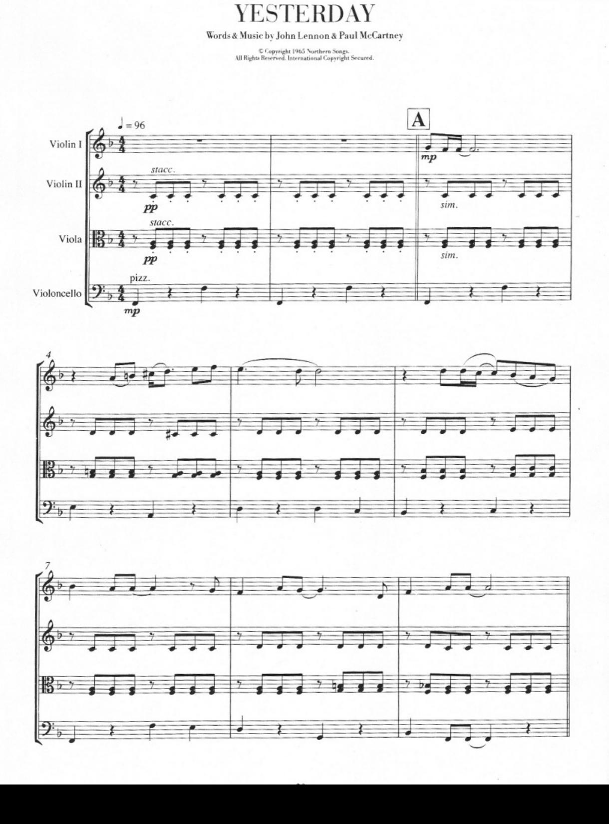The Beatles For String Quartet Yesterday Sheet Music by Unknown