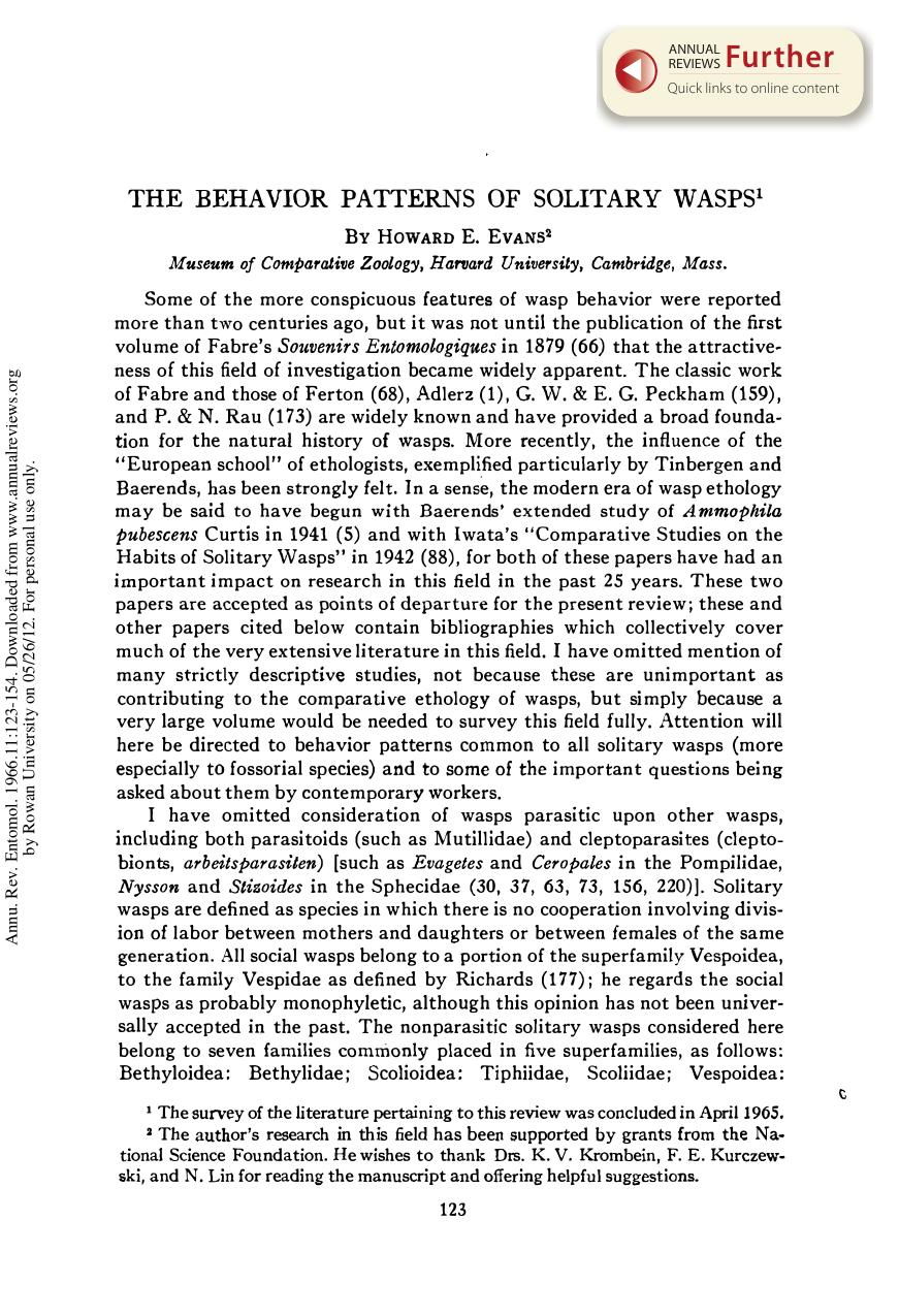 The Behavior Patterns of Solitary Wasps by H E Evans