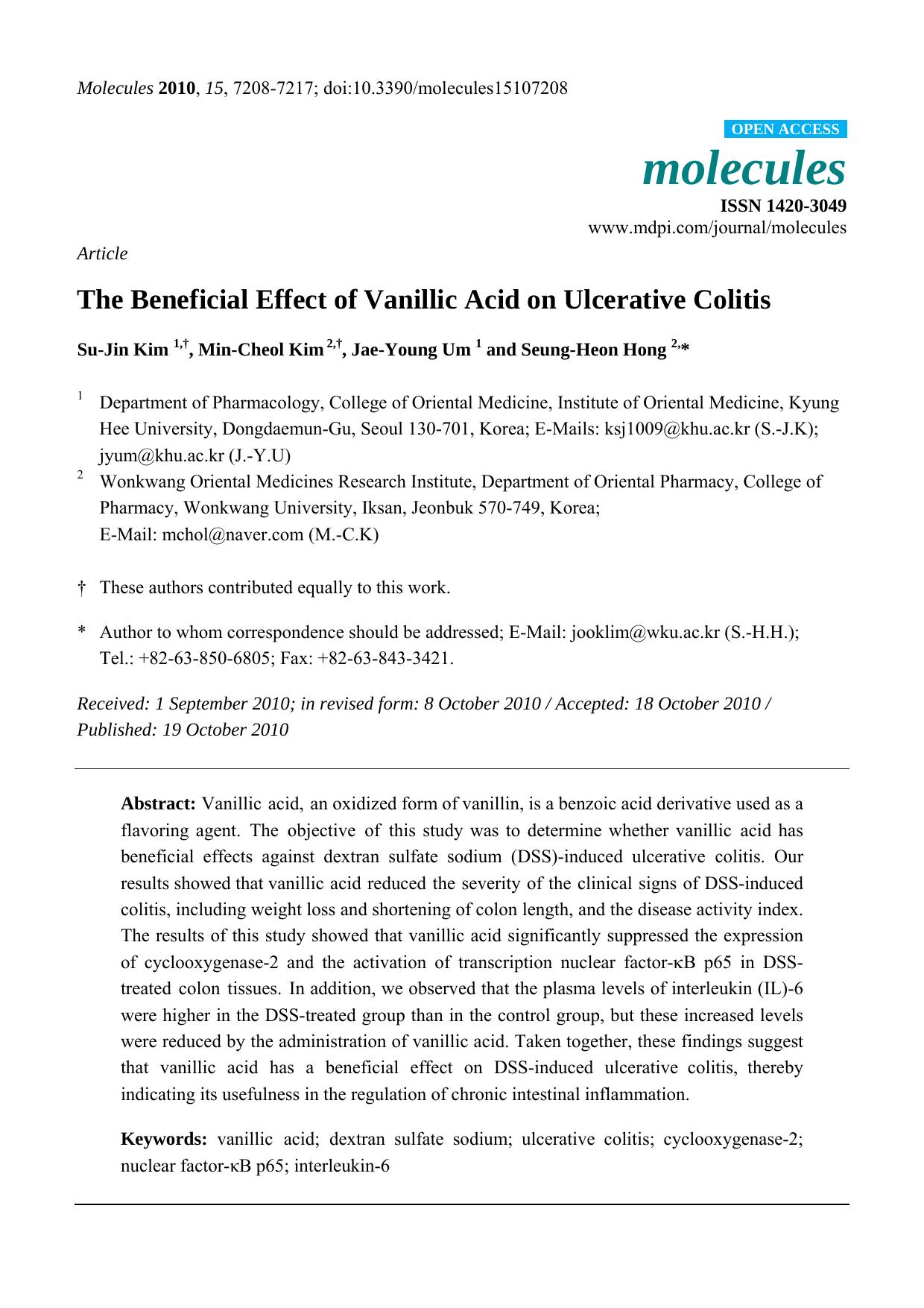 The Beneficial Effect of Vanillic Acid on Ulcerative Colitis by Su-Jin Kim & Min-Cheol Kim & Jae-Young Um & Seung-Heon Hong