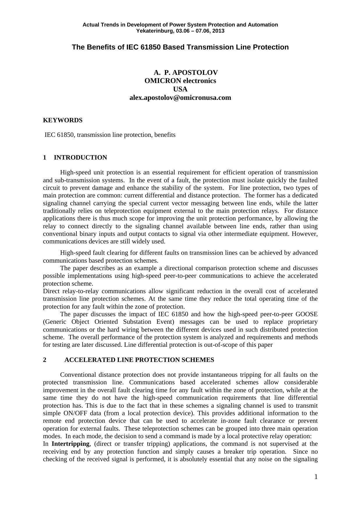 The Benefits of IEC 61850 Based Transmission Line Protection by Apostolov A.P