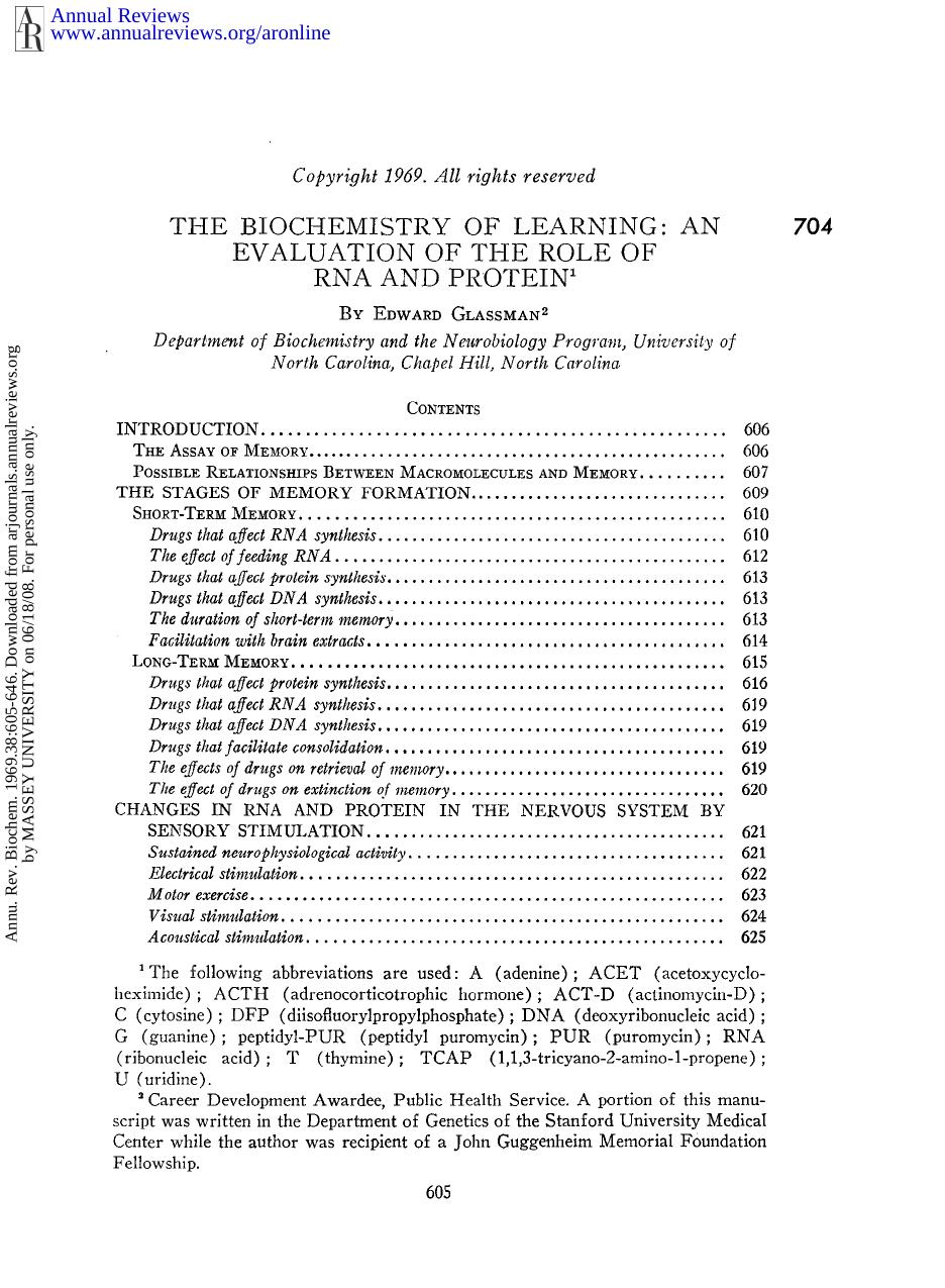 The Biochemistry of Learning: An Evaluation of the Role of RNA and Protein by E Glassman