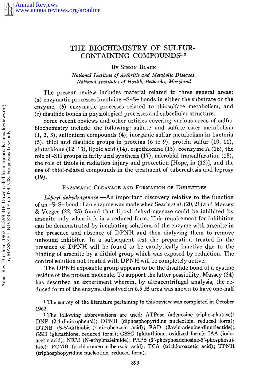 The Biochemistry of Sulfur-Containing Compounds by S Black