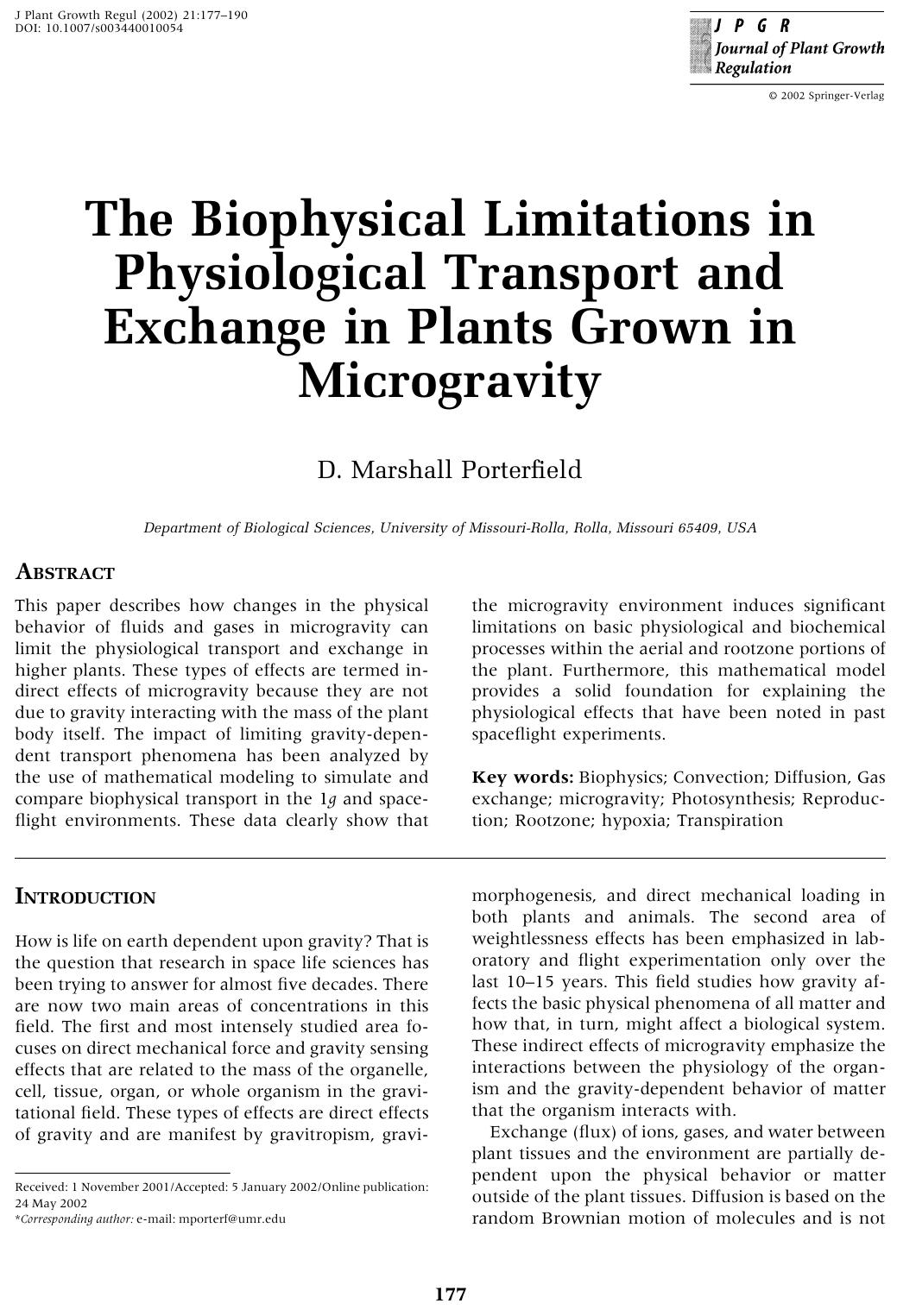 The Biophysical Limitations in Physiological Transport and Exchange in Plants Grown in Microgravity by Porterfield D.M