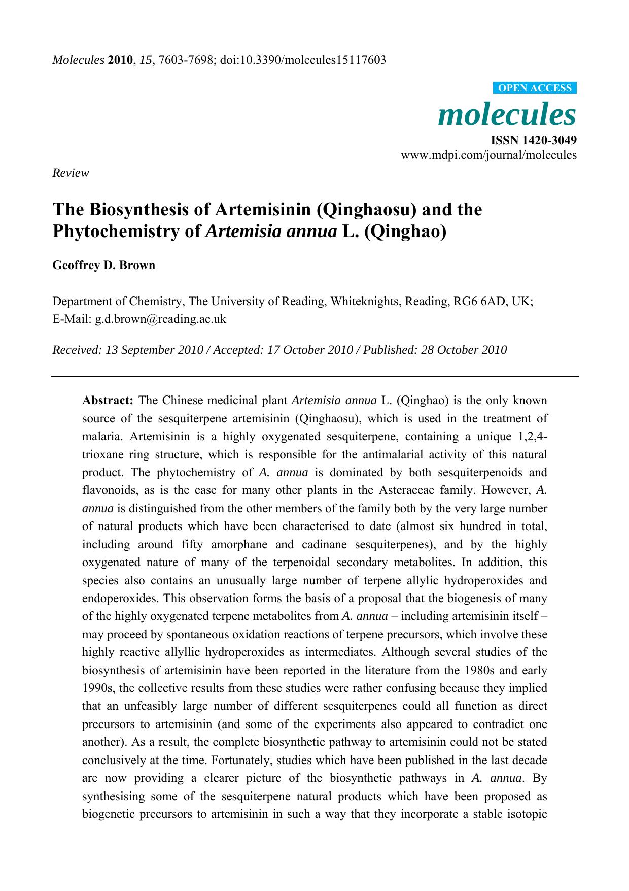 The Biosynthesis of Artemisinin (Qinghaosu) and the Phytochemistry of Artemisia annua L. (Qinghao) by Geoffrey D. Brown
