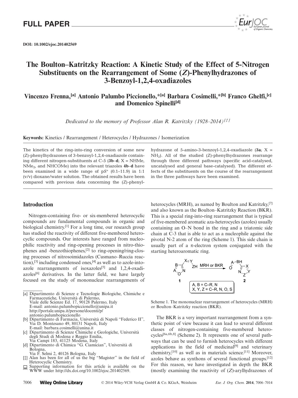 The BoultonKatritzky Reaction: A Kinetic Study of the Effect of 5Nitrogen Substituents on the Rearrangement of Some (Z)Phenylhydrazones of 3Benzoyl1,2,4oxadiazoles by Unknown