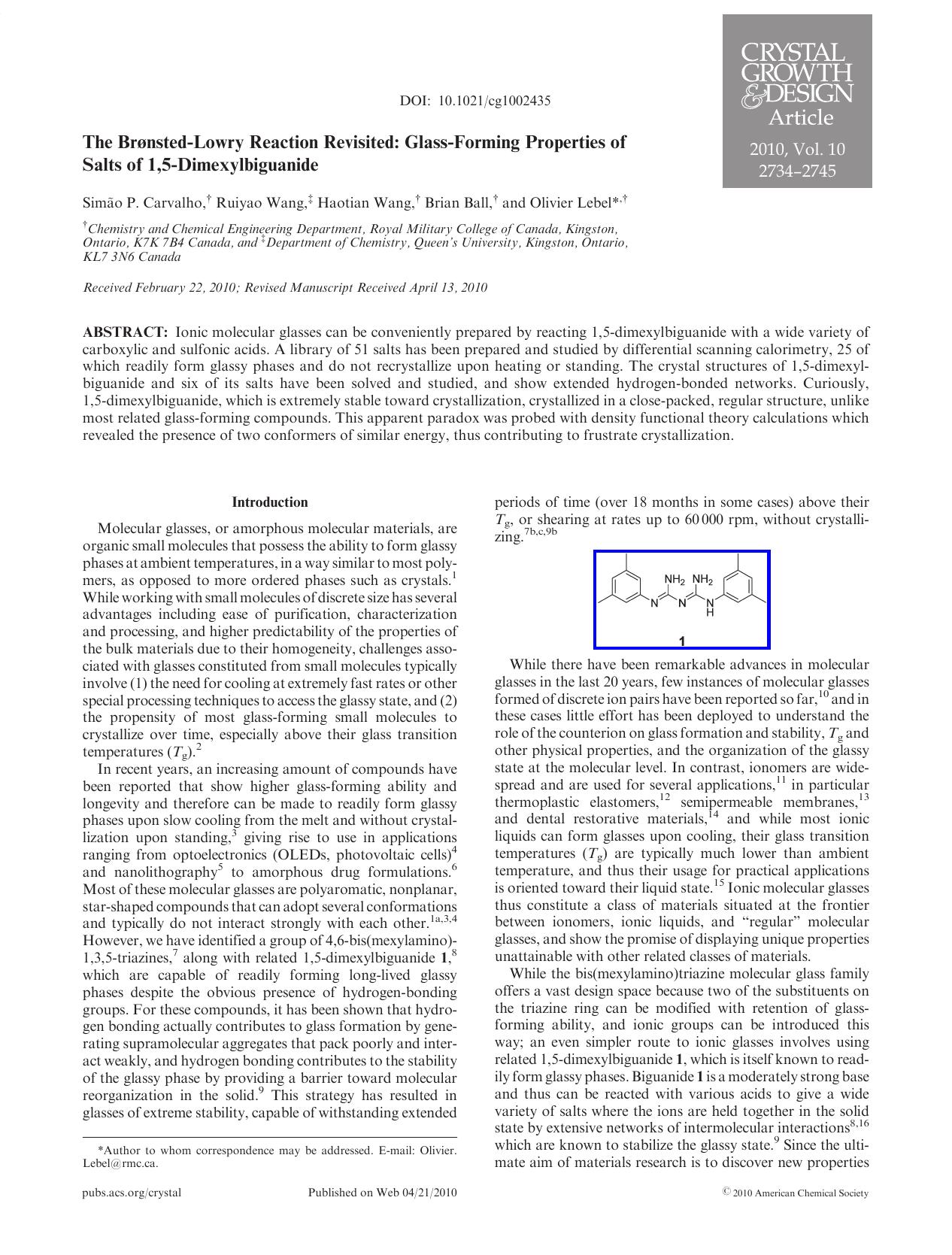 The BrÃ¸nsted-Lowry Reaction Revisited: Glass-Forming Properties of Salts of 1,5-Dimexylbiguanide by Unknown