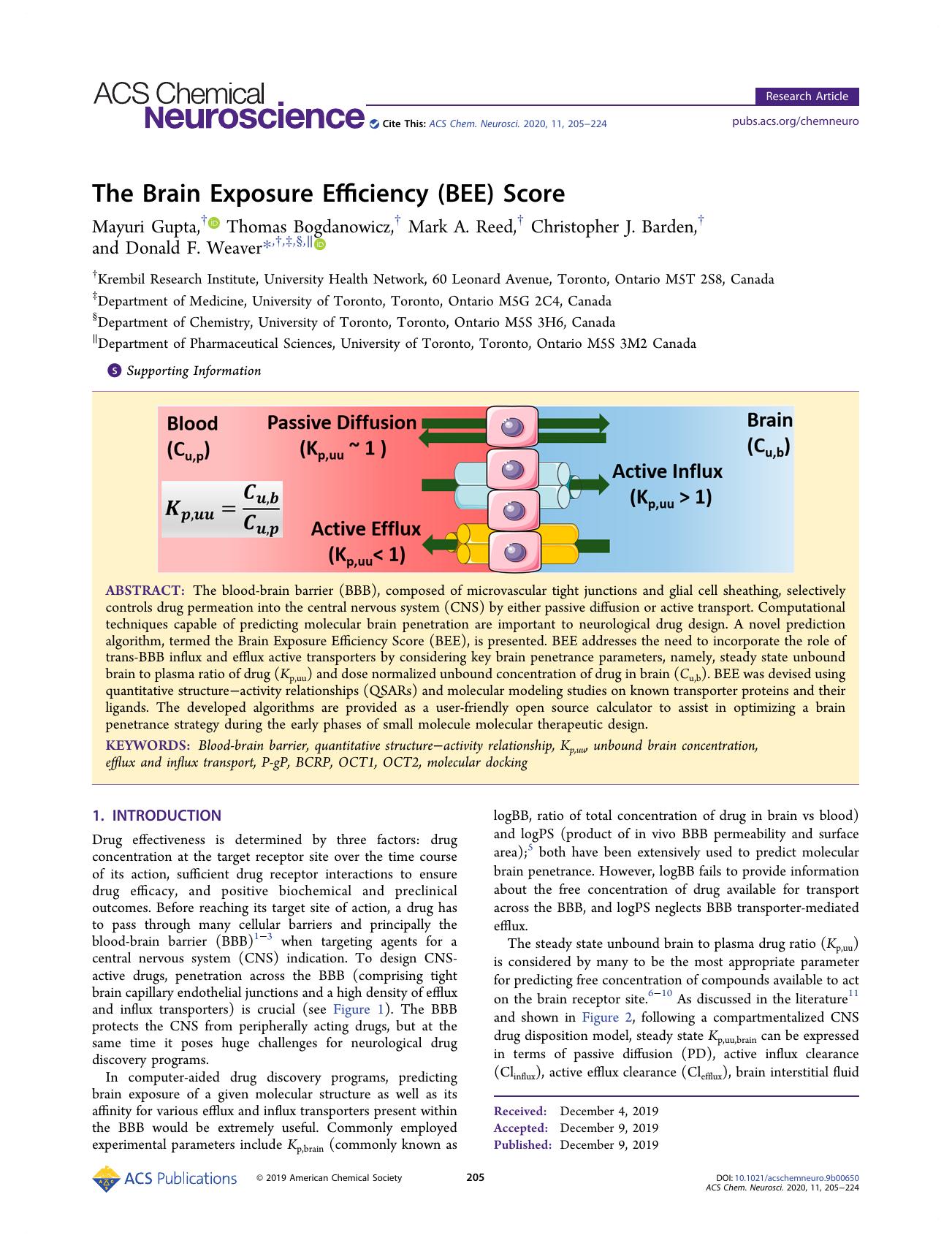 The Brain Exposure Efficiency (BEE) Score by Mayuri Gupta Thomas Bogdanowicz Mark A. Reed Christopher J. Barden and Donald F. Weaver
