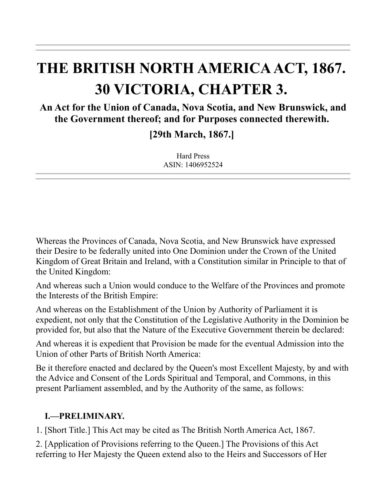 The British North America Act, 1867 by Anonymous