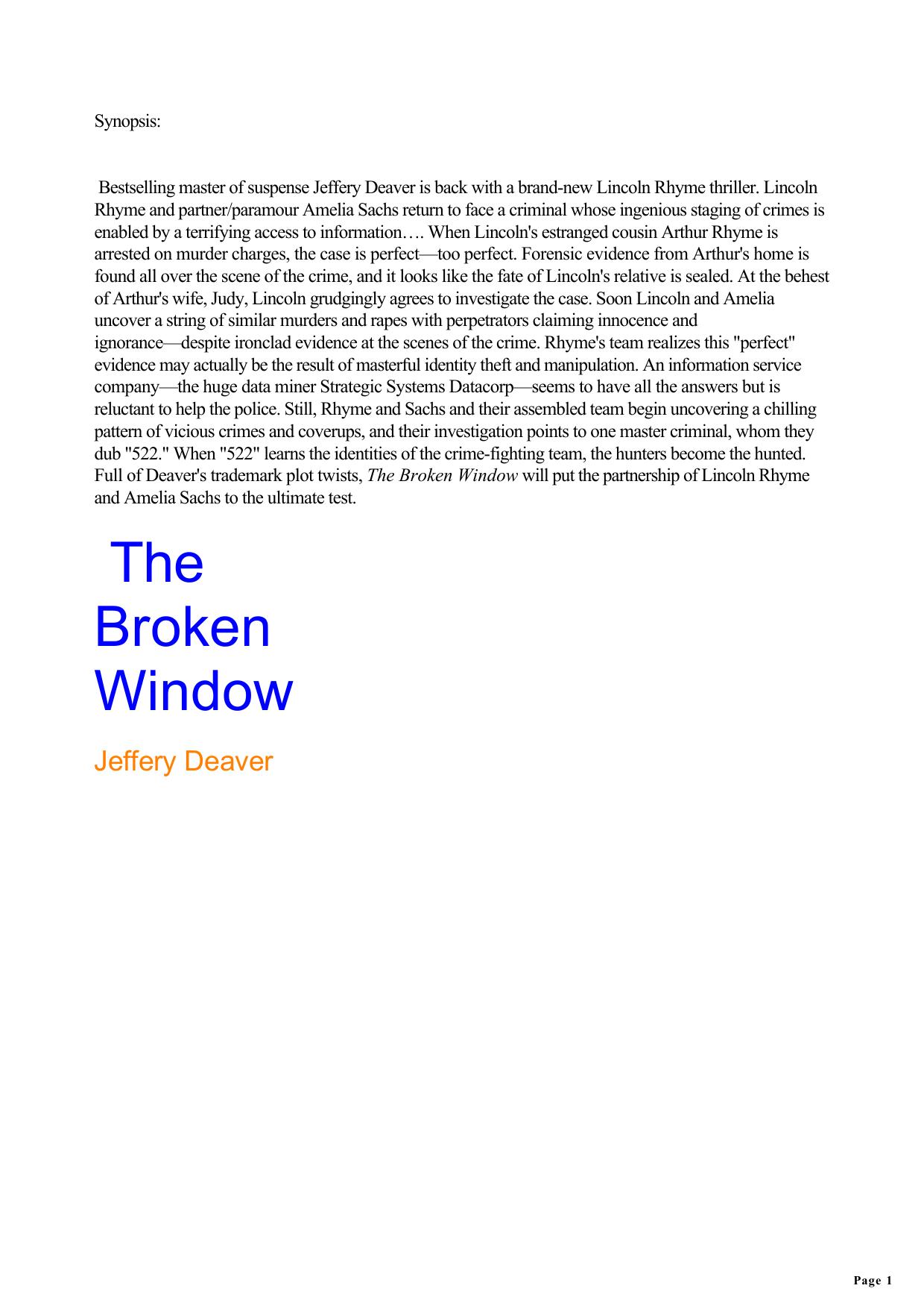 The Broken Window by Jefferey Deaver