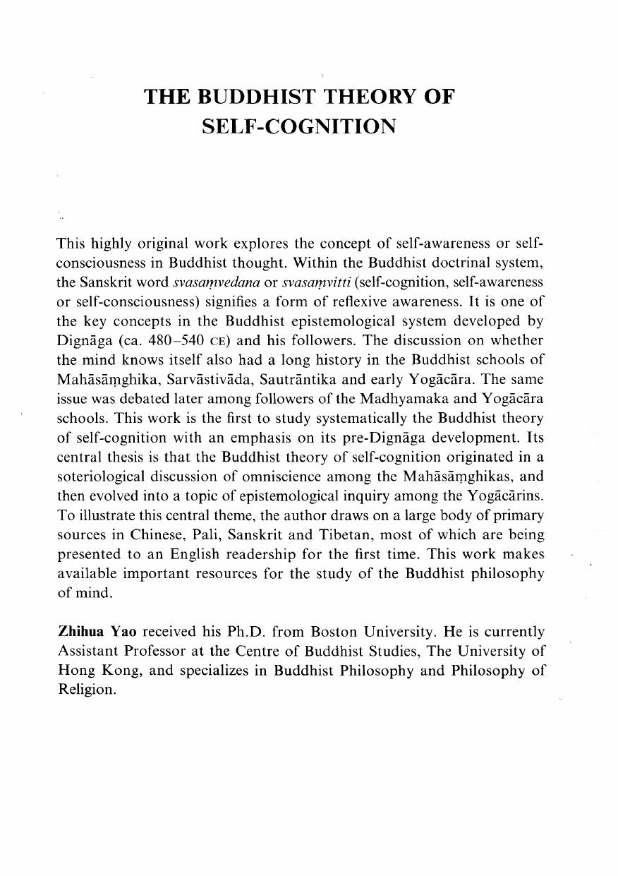 The Buddhist Theory of Self-Cognition (Routledge) by Unknown