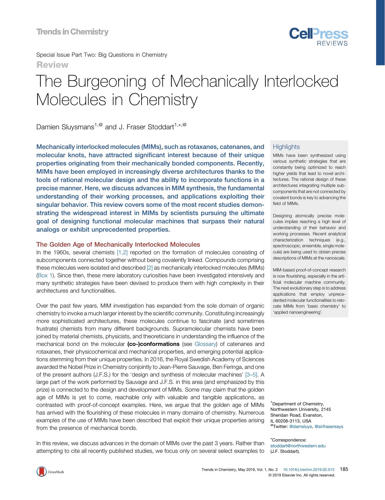 The Burgeoning of Mechanically Interlocked Molecules in Chemistry by Damien Sluysmans & J. Fraser Stoddart