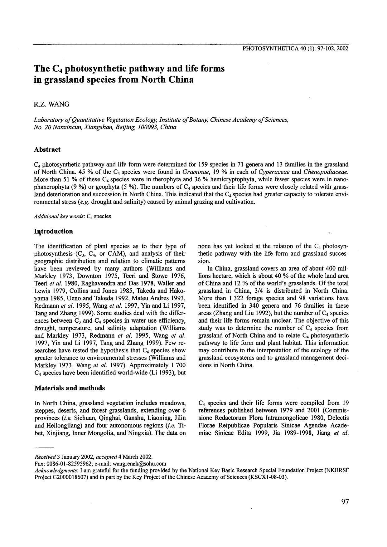 The C<Subscript>4<Subscript> Photosynthetic Pathway and Life Forms in Grassland Species from North China by Unknown