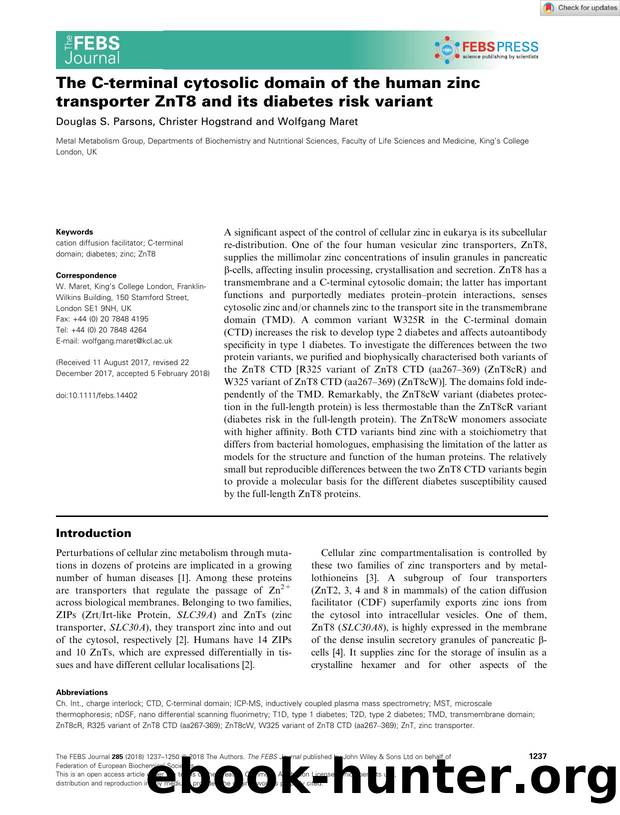 The Câterminal cytosolic domain of the human zinc transporter ZnT8 and its diabetes risk variant by Unknown