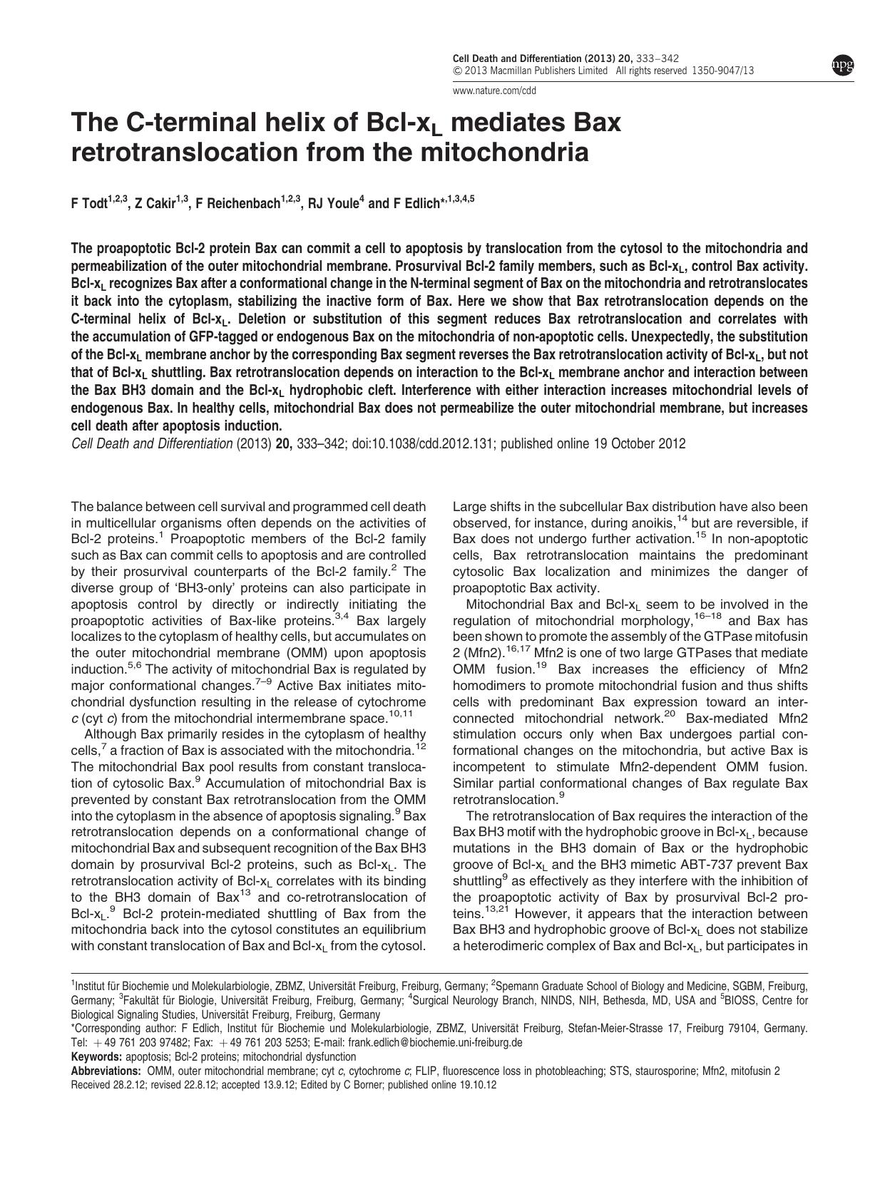 The C-terminal helix of Bcl-xL mediates Bax retrotranslocation from the mitochondria by F Todt & Z Cakir & F Reichenbach & R J Youle & F Edlich &