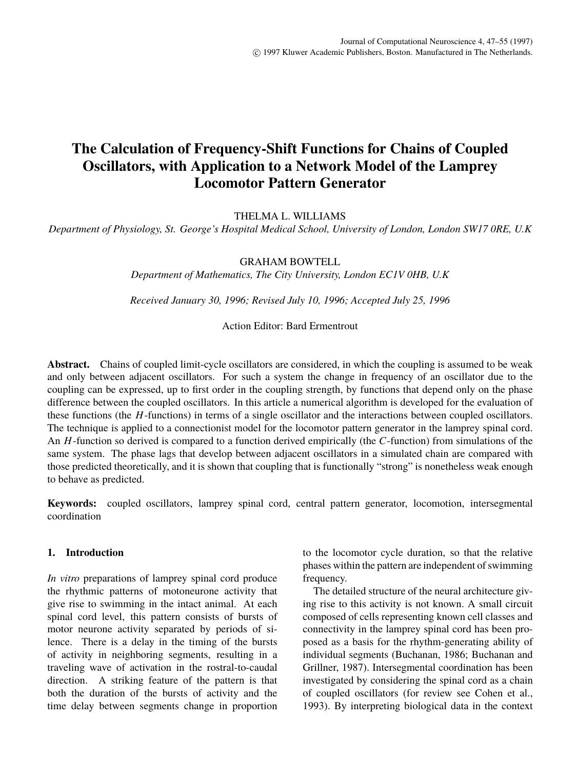 The Calculation of Frequency-Shift Functions for Chains of Coupled Oscillators, with Application to a Network Model of the Lamprey Locomotor Pattern Generator by Unknown