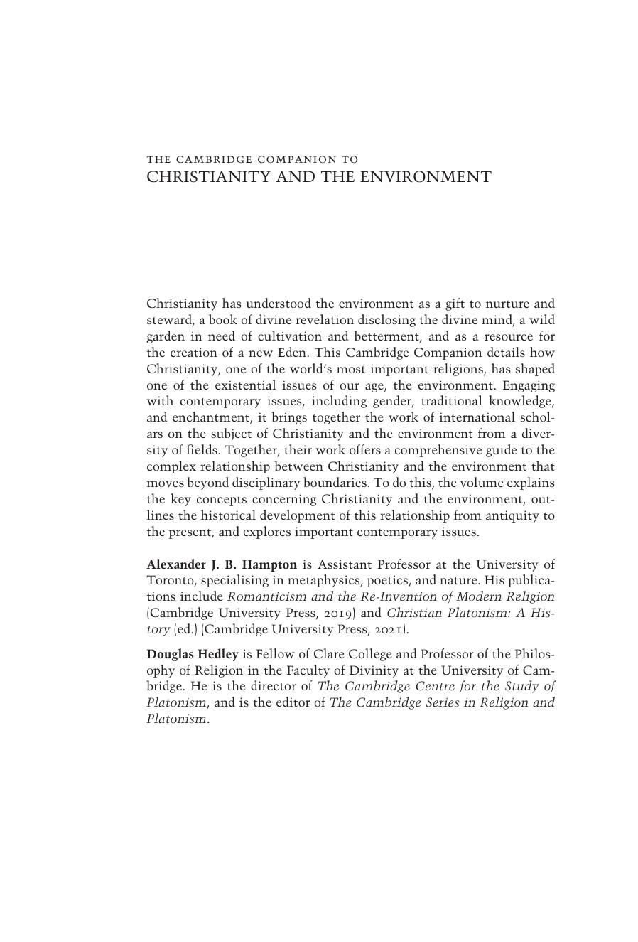 The Cambridge Companion to Christianity and the Environment by Alexander J. B. Hampton (editor)