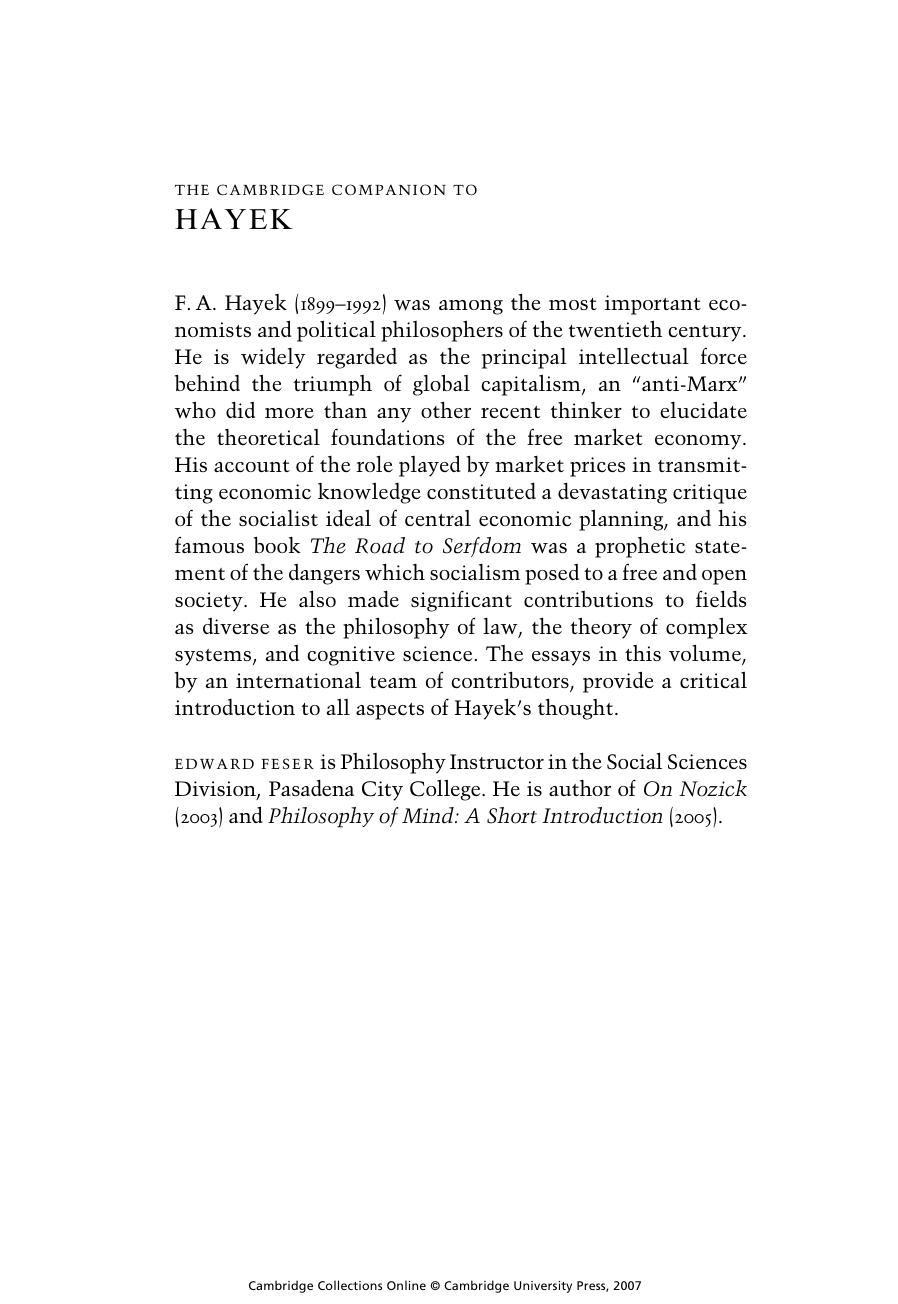 The Cambridge Companion to Hayek by Unknown