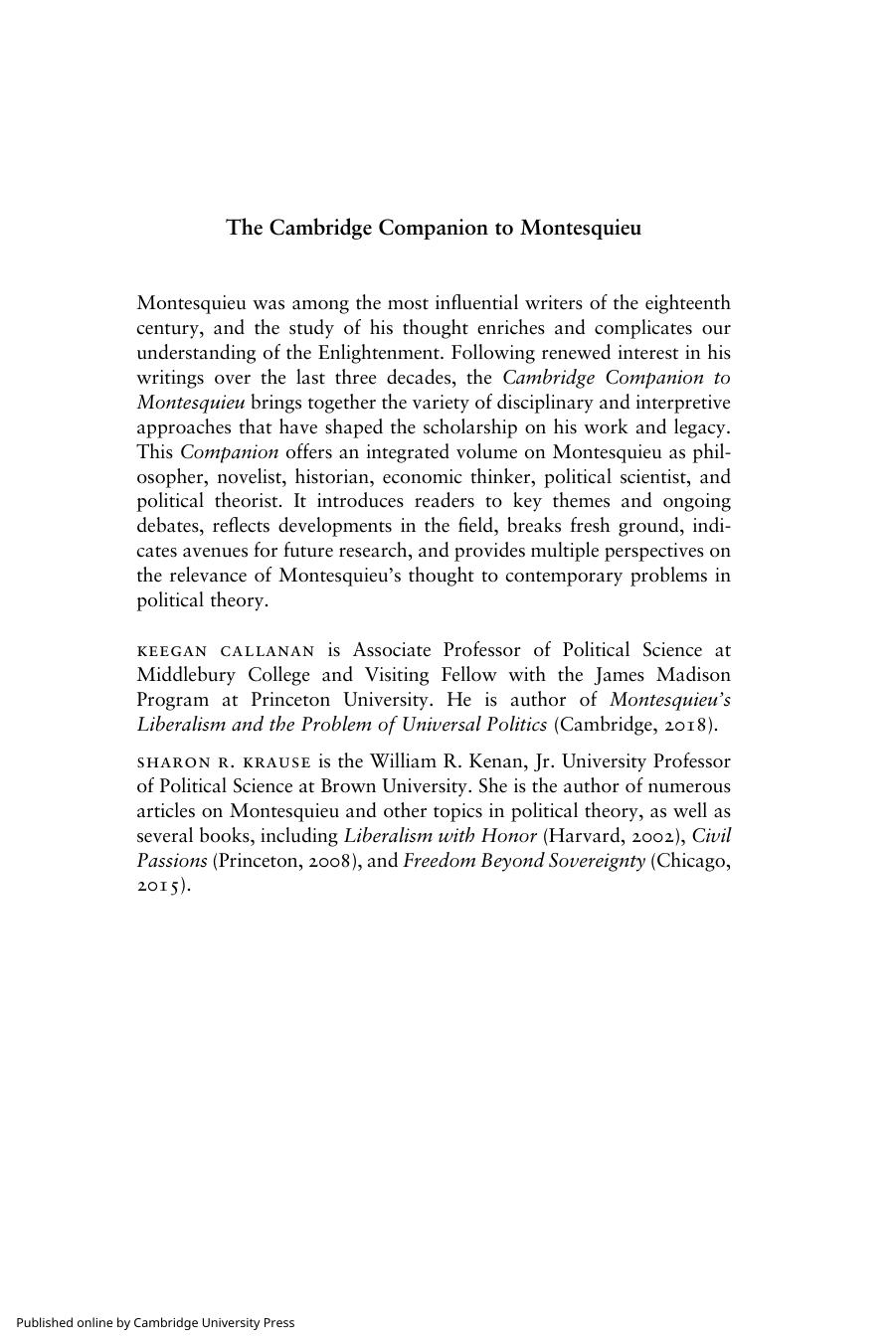 The Cambridge Companion to Montesquieu by Keegan Francis Callanan Sharon Ruth Krause