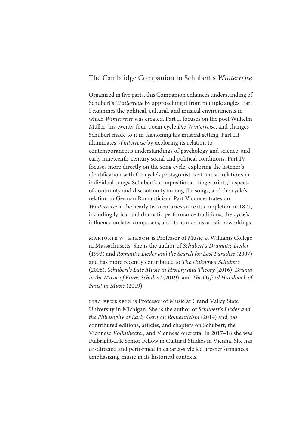 The Cambridge Companion to Schubert's âWinterreise' by Marjorie W. Hirsch Lisa Feurzeig
