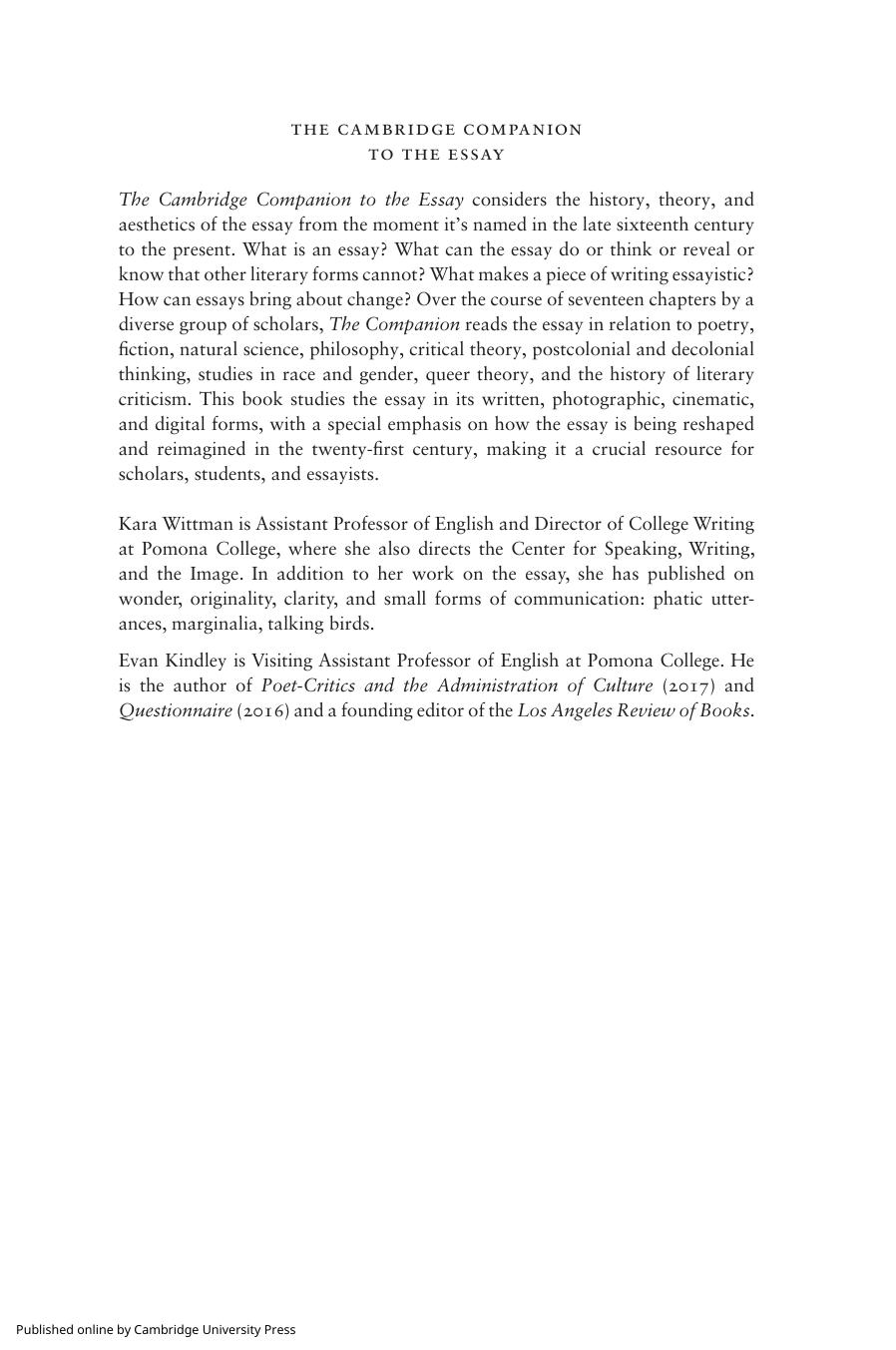 The Cambridge Companion to the Essay by Kara Wittman Evan Kindley