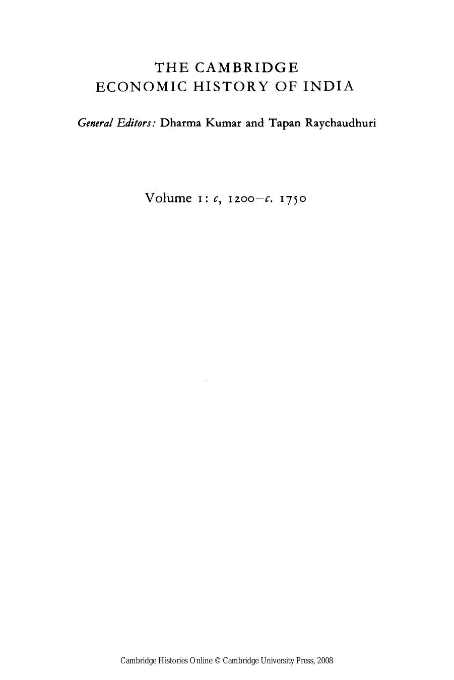 The Cambridge Economic History of India by Vol I