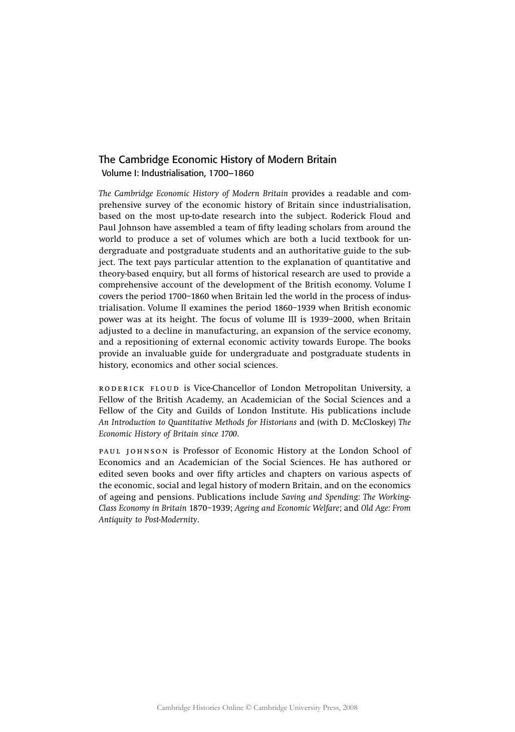 The Cambridge Economic History of Modern Britain, Volume 1: Industrialisation, 1700–1860 by Roderick Floud Paul Johnson