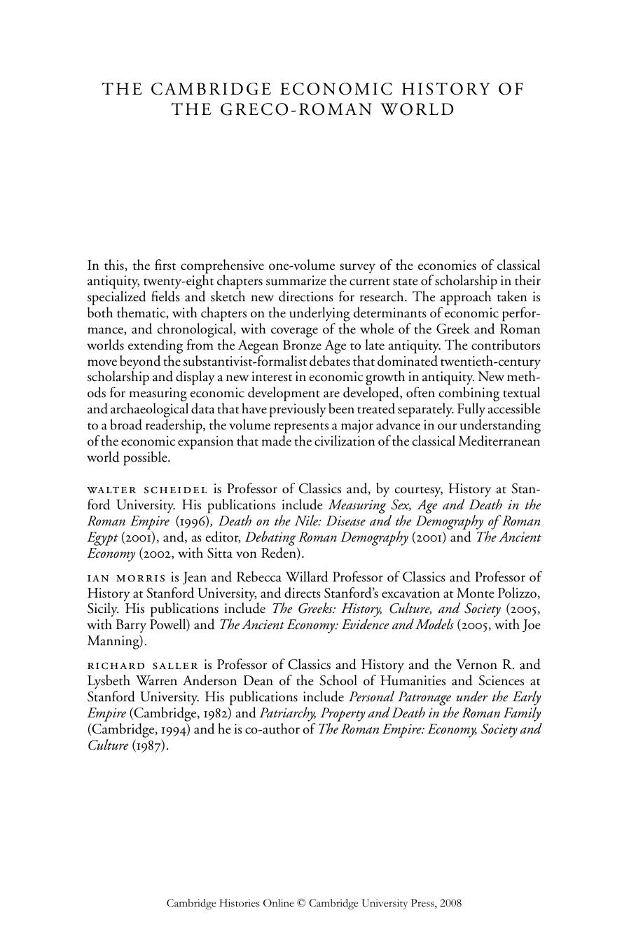 The Cambridge Economic History of the Greco-Roman World by Scheidel W. (ed.) Morris I. (ed.) Saller R.P. (ed.)