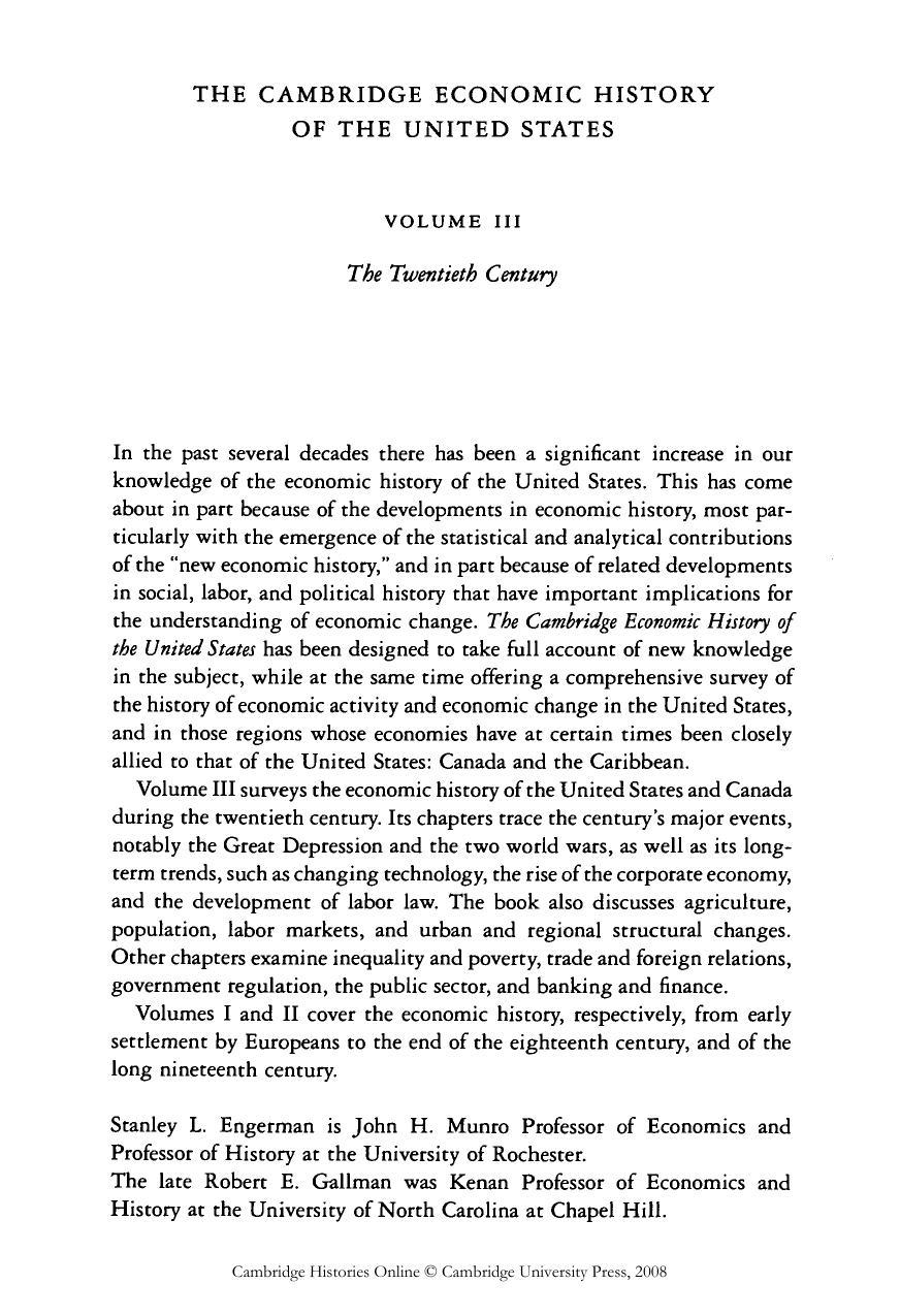 The Cambridge Economic History of the United States, Vol. 3: The Twentieth Century (Volume 3) by Stanley L. Engerman Robert E. Gallman