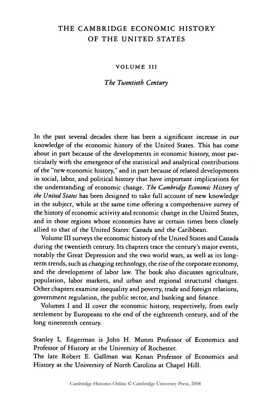 The Cambridge Economic History of the United States, Vol. 3: The Twentieth Century by Stanley L. Engerman Robert E. Gallman