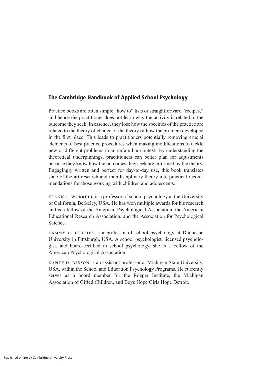 The Cambridge Handbook of Applied School Psychology by Frank C. Worrell (editor) Tammy L. Hughes (editor) Dante D. Dixson (editor)