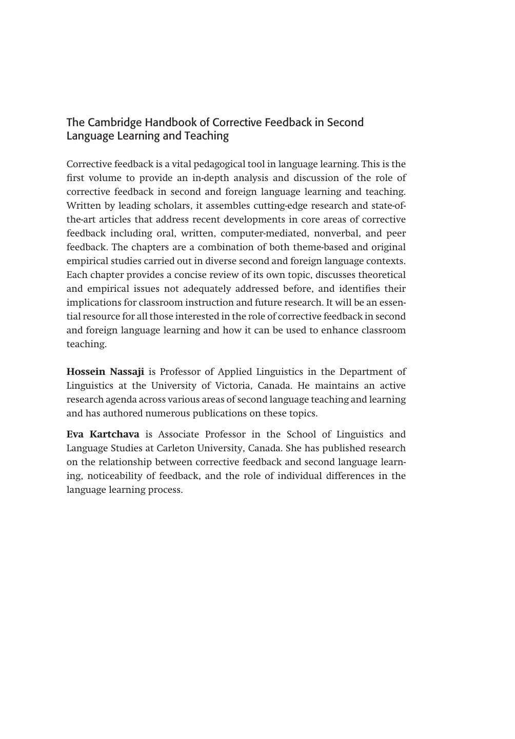 The Cambridge Handbook of Corrective Feedback in Second Language Learning and Teaching by Hossein Nassaji; Eva Kartchava