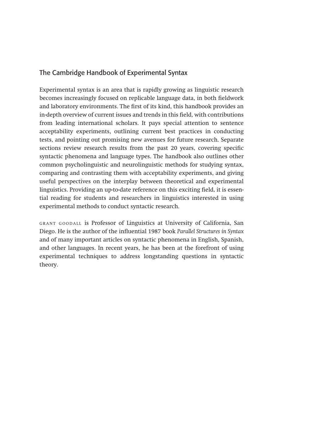 The Cambridge Handbook of Experimental Syntax by Grant Goodall